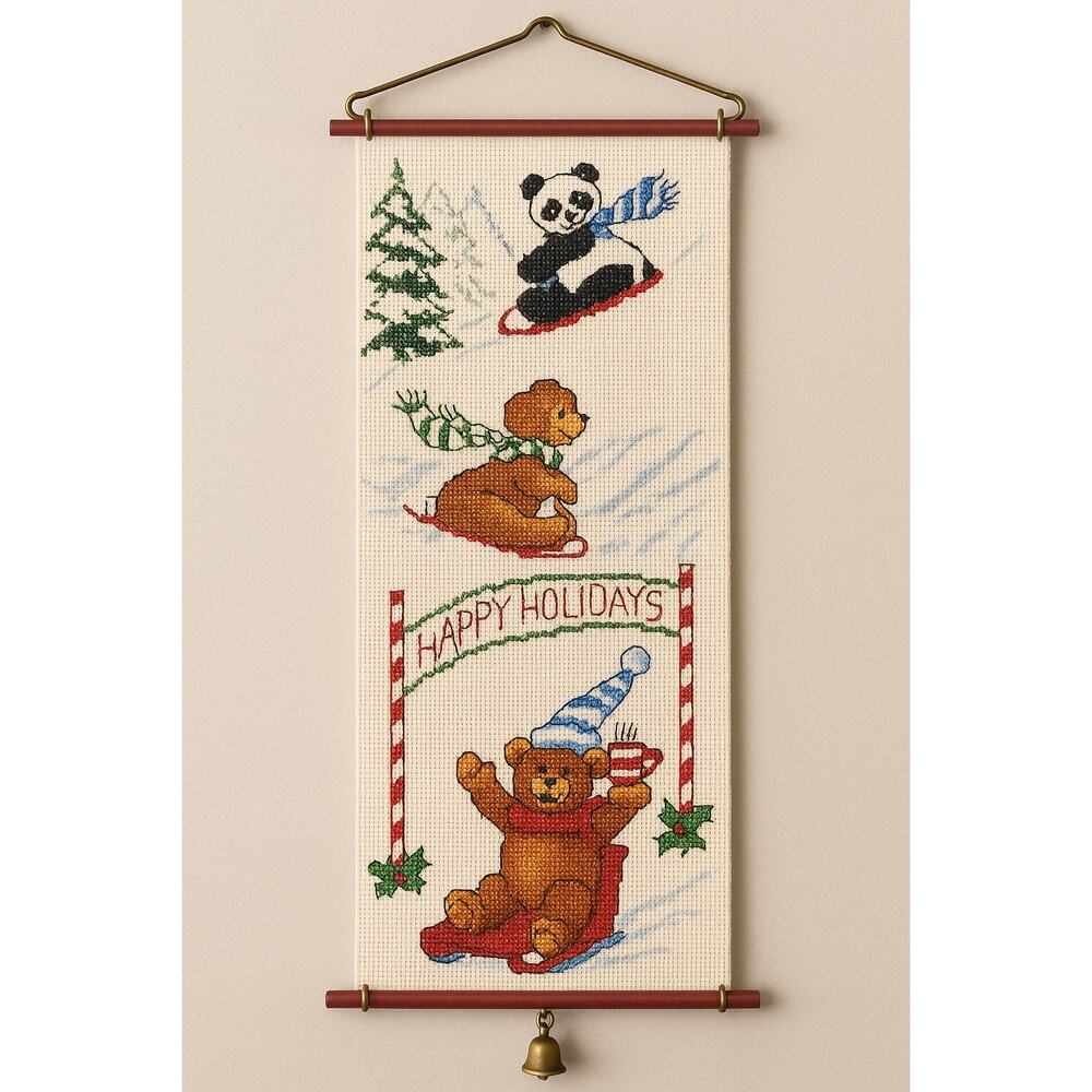 Vintage 1986 Traditions Cross Stitch Kit Racing Bears Holiday Bellpull Sealed